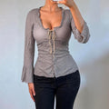VINTAGE grey polkadot milkmaid blouse shirt top