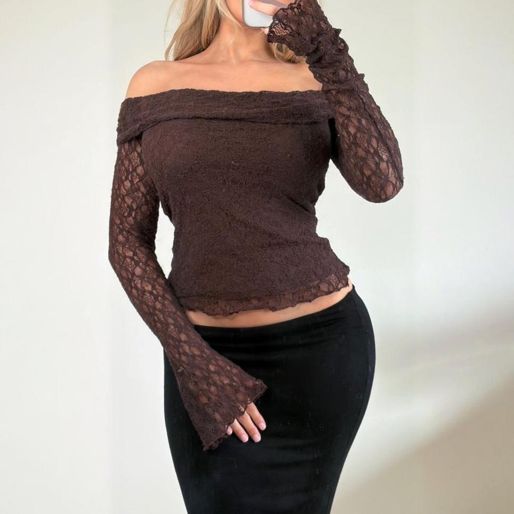 VINTAGE Brown lace fold over off the shoulder long sleeve top