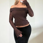 VINTAGE Brown lace fold over off the shoulder long sleeve top