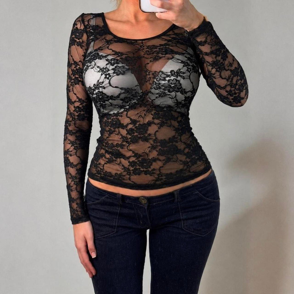 VINTAGE black lace long sleeve blouse top