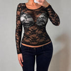 VINTAGE black lace long sleeve blouse top