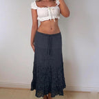 VINTAGE black low rise ruffle maxi skirt