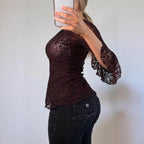 VINTAGE Brown lace blouse top bell sleeves