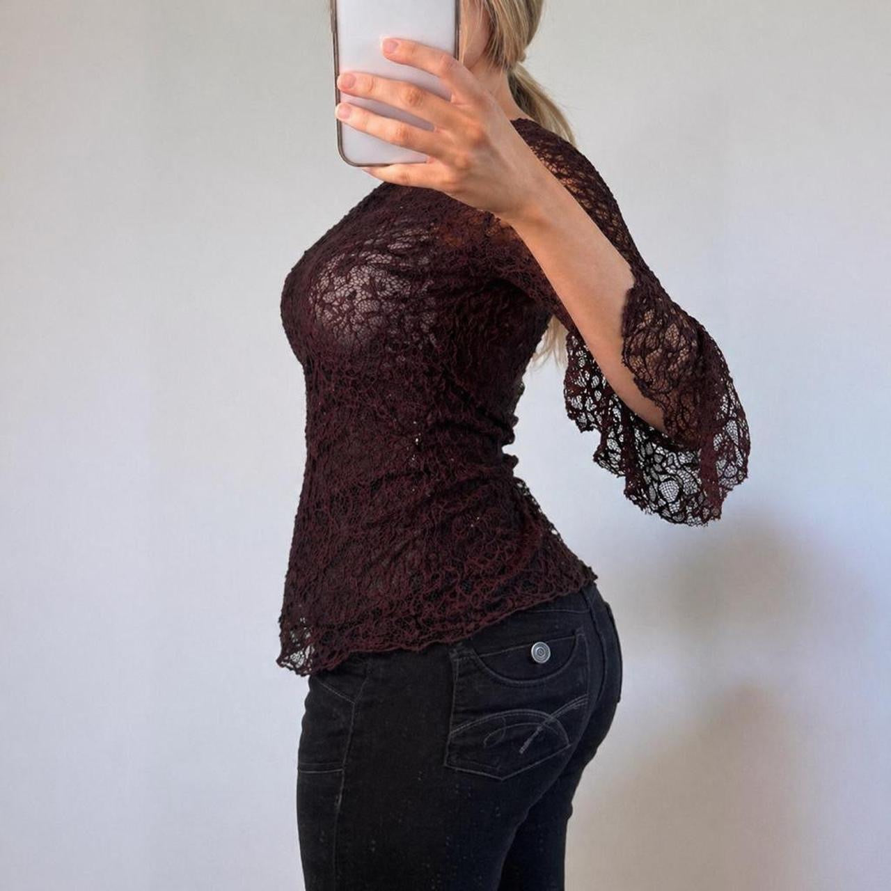 VINTAGE Brown lace blouse top bell sleeves