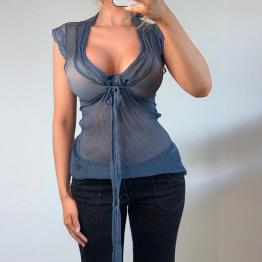 VINTAGE blue mesh short sleeve top