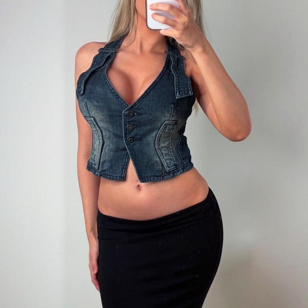 Blue denim cropped waist coat corset top
