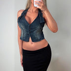 Blue denim cropped waist coat corset top