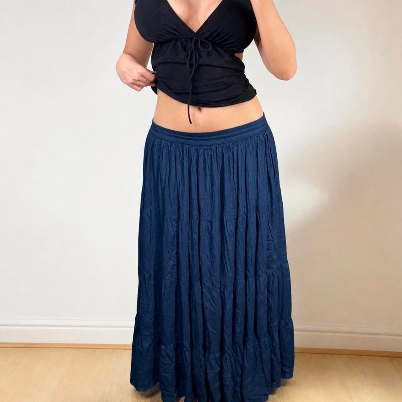VINTAGE navy blue lowrise ruffle maxi skirt