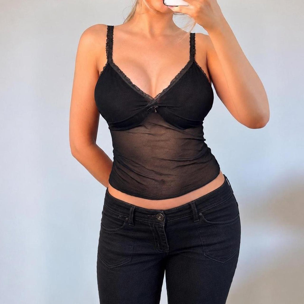 VINTAGE black lace mesh cami vest top