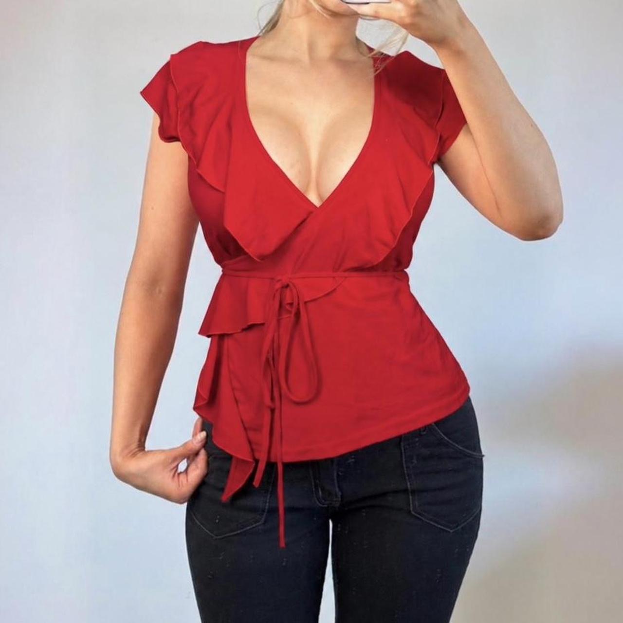 VINTAGE Red short sleeve v neck ruffle blouse wrap top