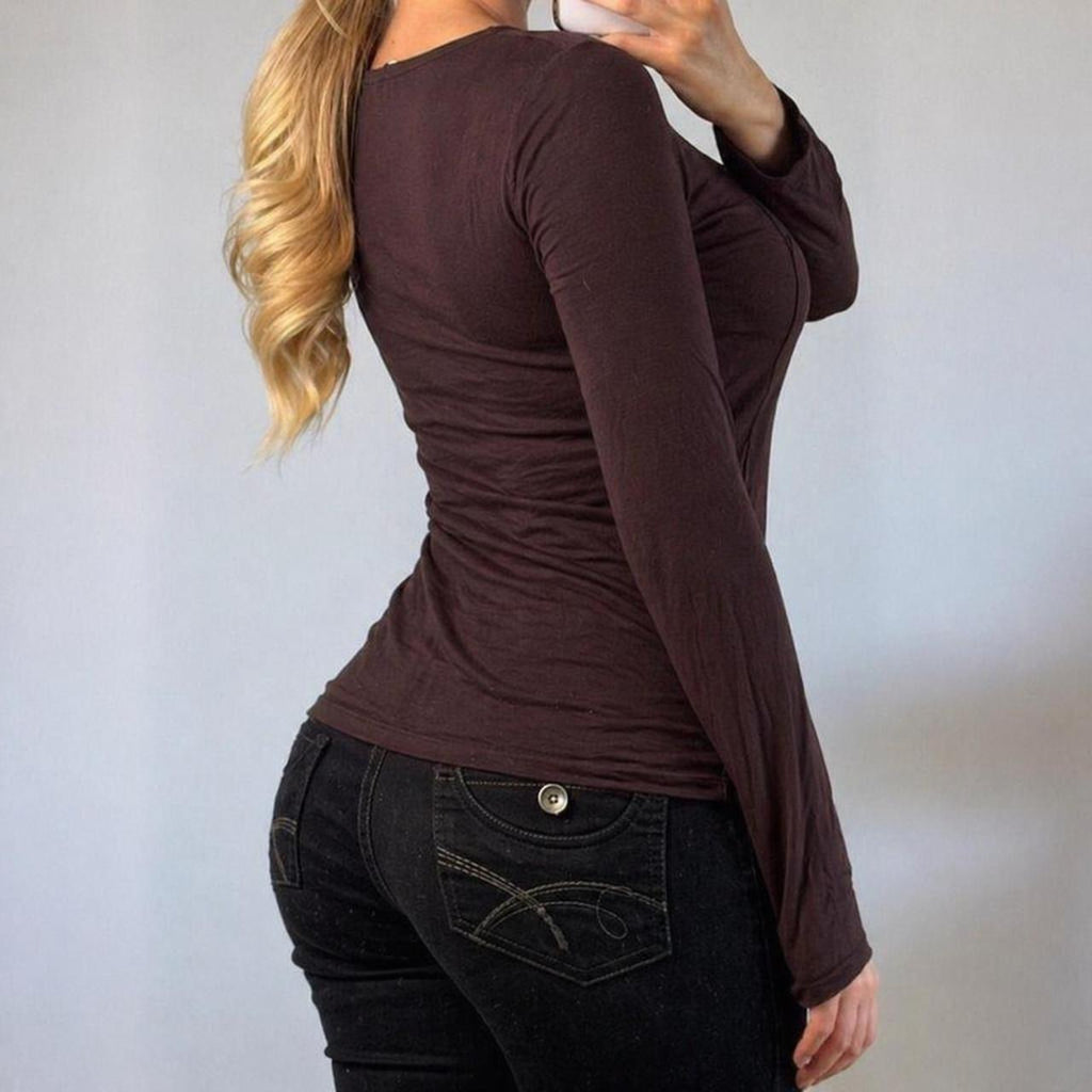 Vintage Brown long sleeve v neck blouse top