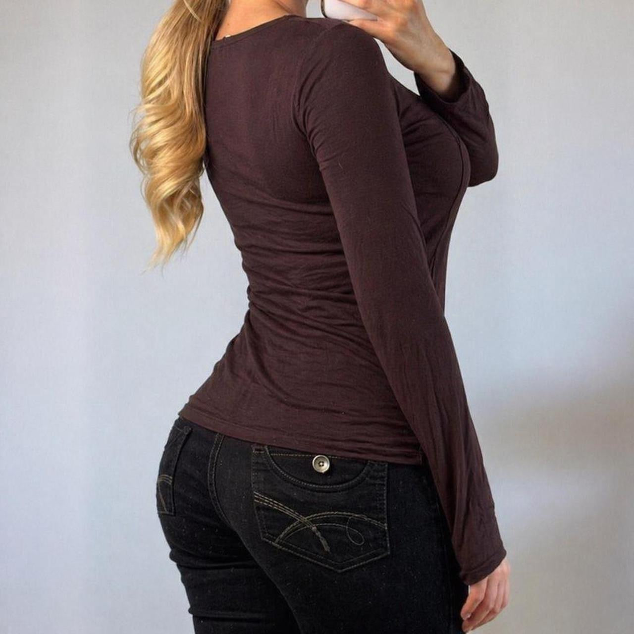 Vintage Brown long sleeve v neck blouse top
