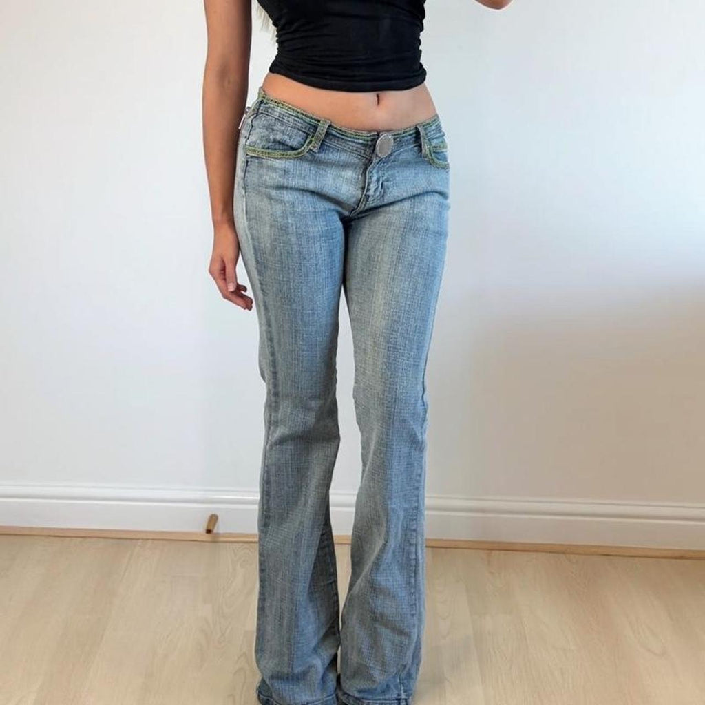 Blue low rise flared denim jeans