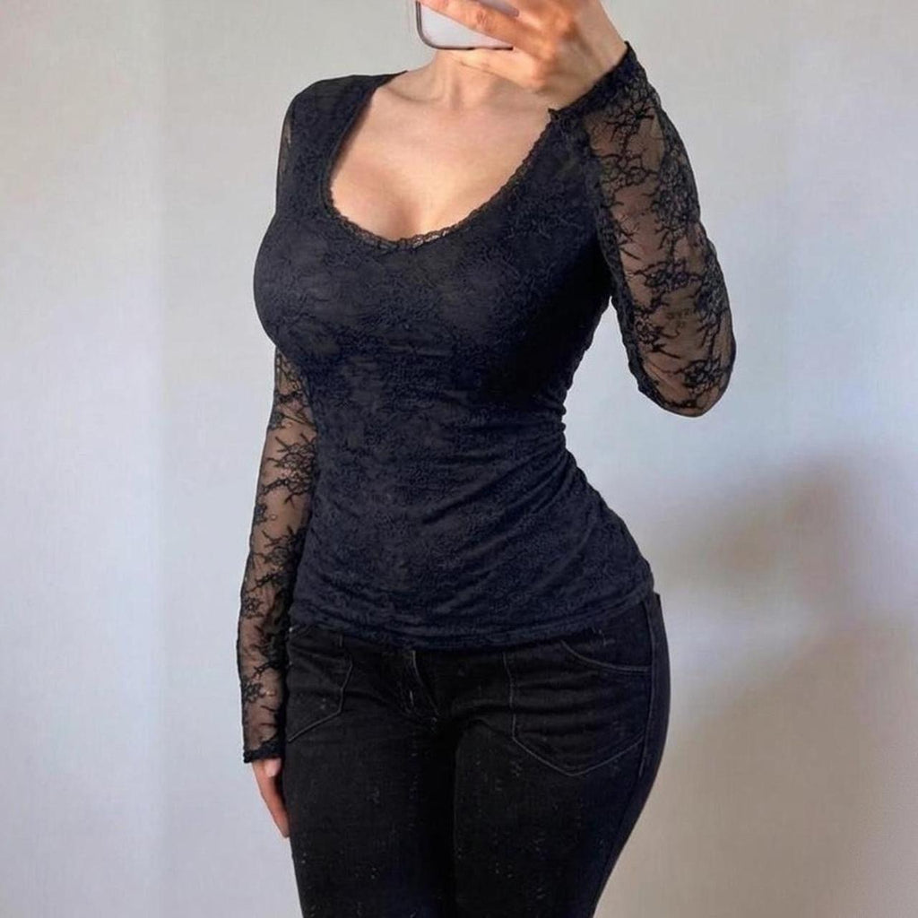 VINTAGE black lace long sleeve blouse top