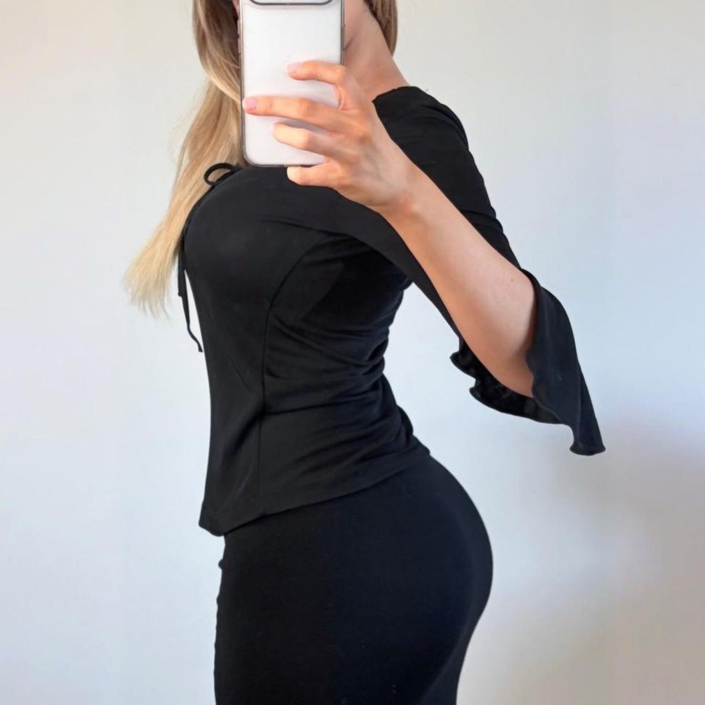 VINTAGE Black long sleeve milkmaid blouse top