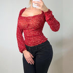 Red long sleeve mesh floral top