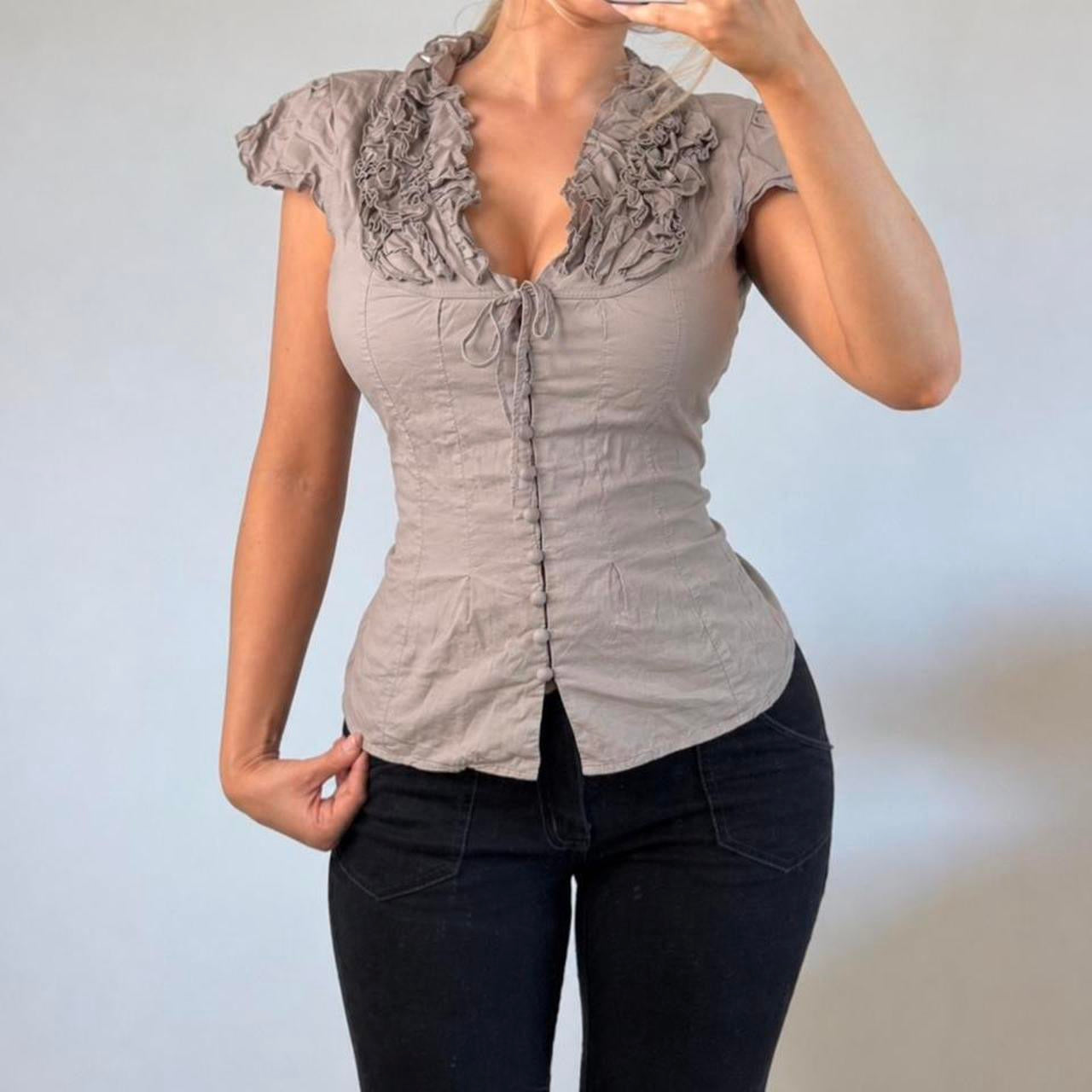 VINTAGE brown ruffle blouse top