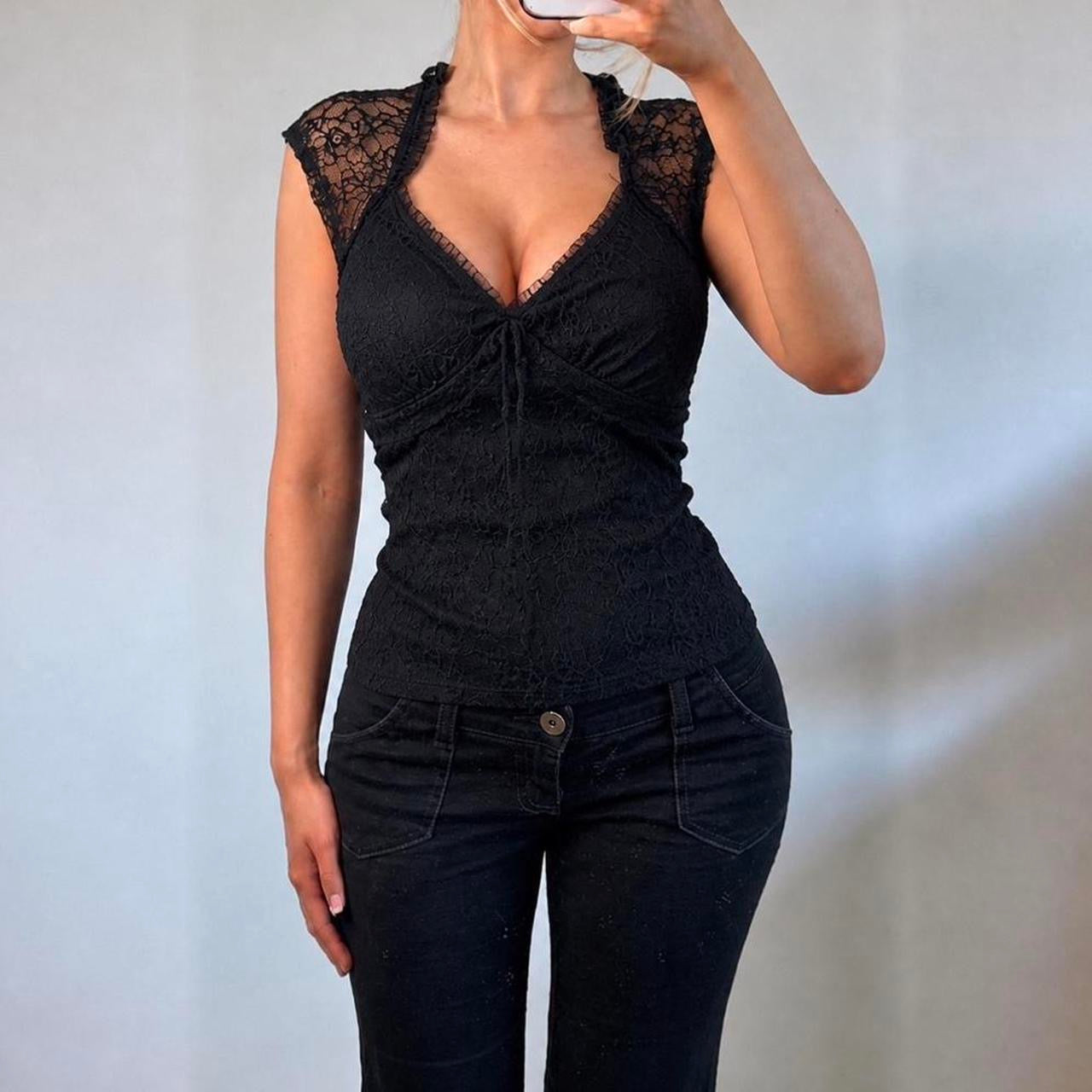 VINTAGE black lace short sleeve blouse top