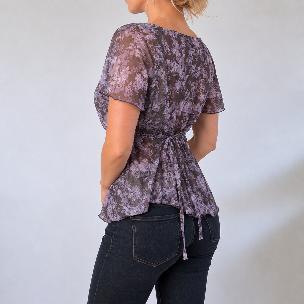 Vintage purple floral mesh tie blouse top