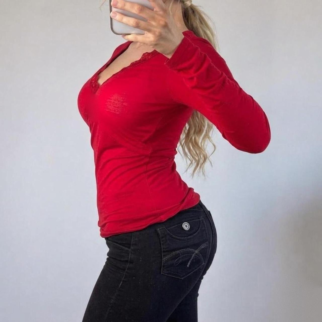 VINTAGE Red mesh long sleeve v neck blouse top