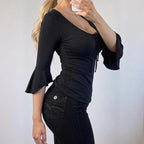 VINTAGE Black long sleeve milkmaid blouse top