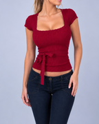Vintage red short sleeve tie blouse top