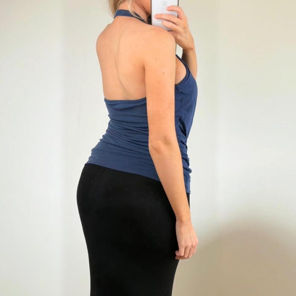 Navy blue ruched halter neck top with silver buckle detail