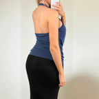 Navy blue ruched halter neck top with silver buckle detail