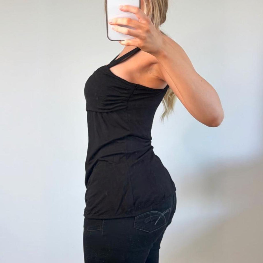 Vintage Black ruched strappy cami vest top