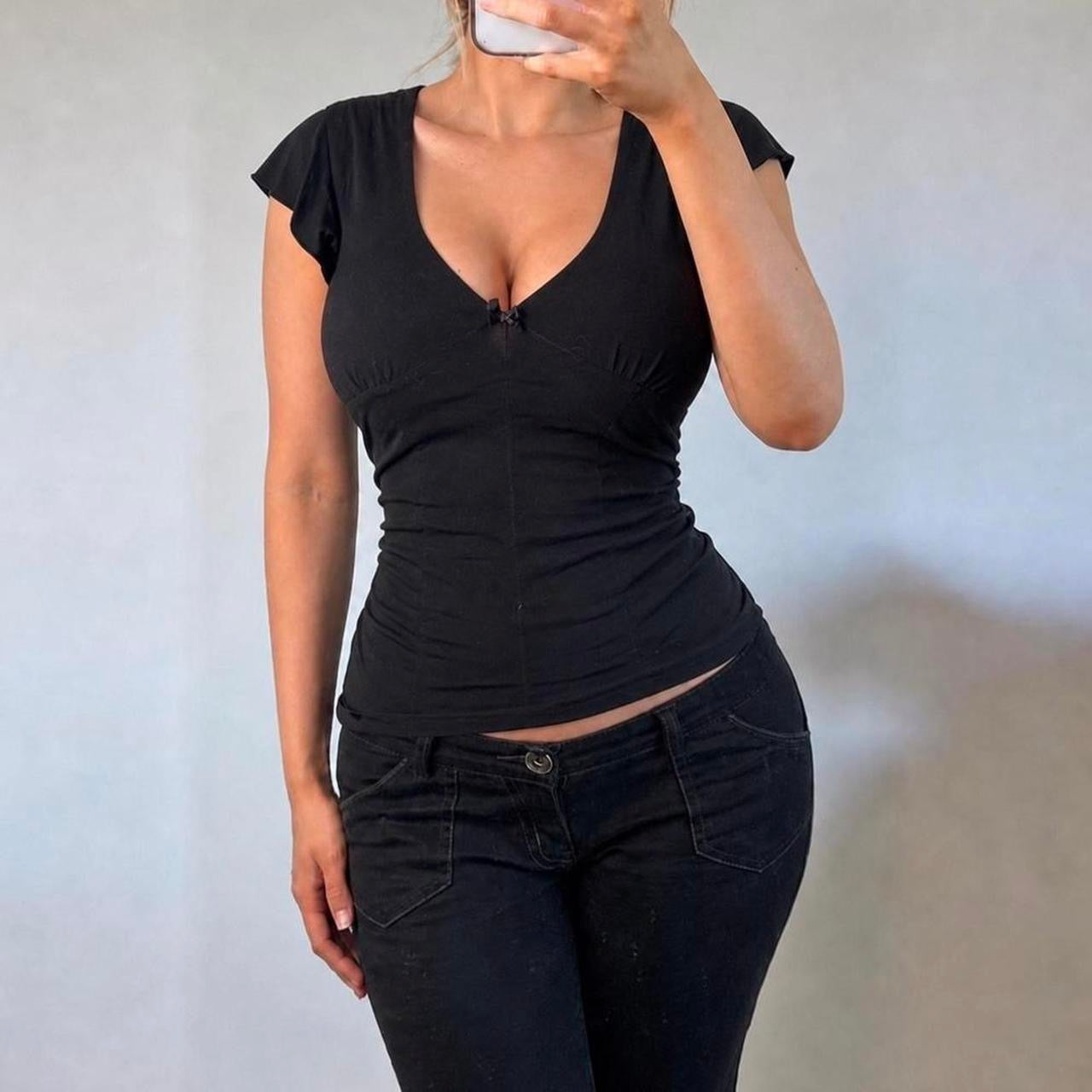 VINTAGE black ruched short sleeve blouse top