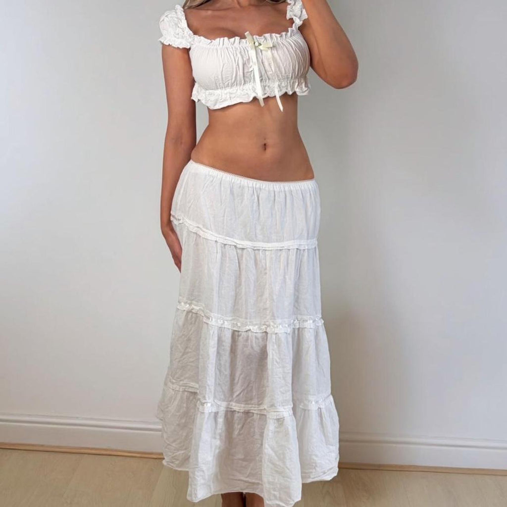 White low rise ruffle maxi skirt