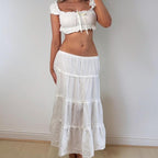 White low rise ruffle maxi skirt