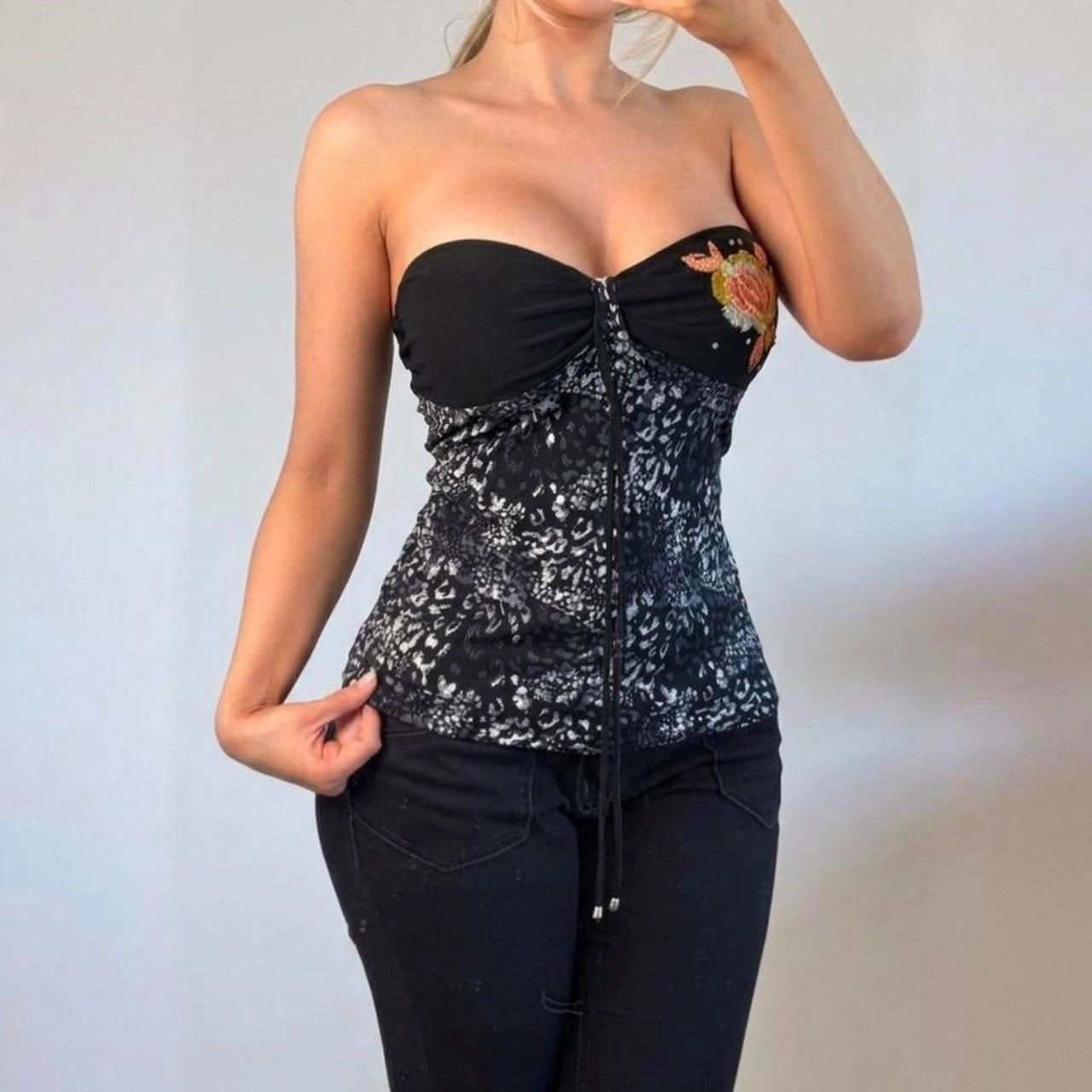 VINTAGE ruched black tankini strapless swimsuit corset top