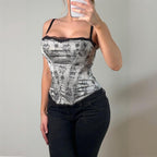 Silver black floral boned corset top