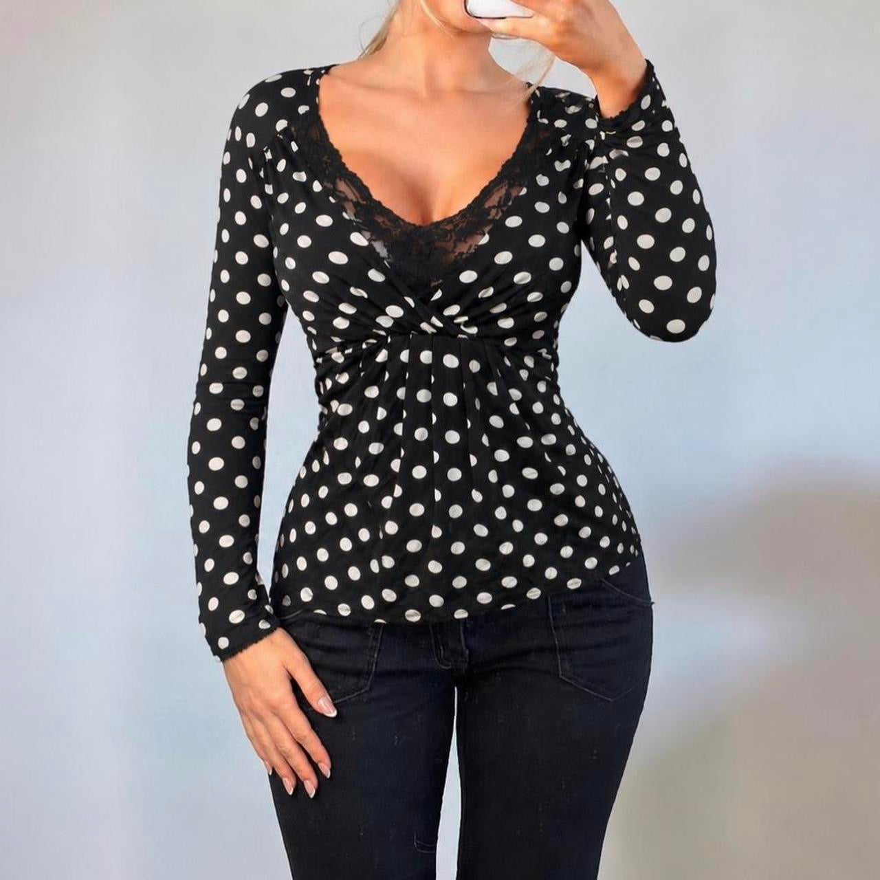 VINTAGE black polka dot long sleeve wrap blouse top