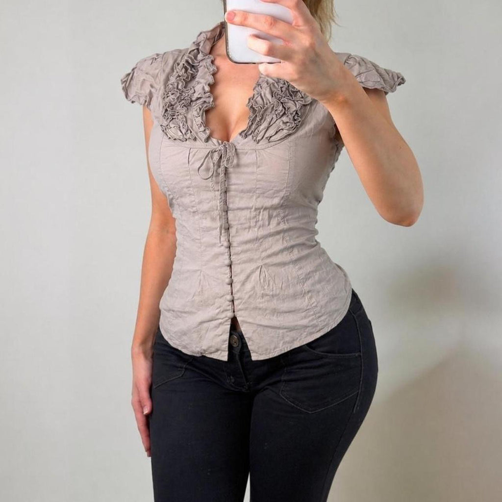 VINTAGE brown ruffle blouse top