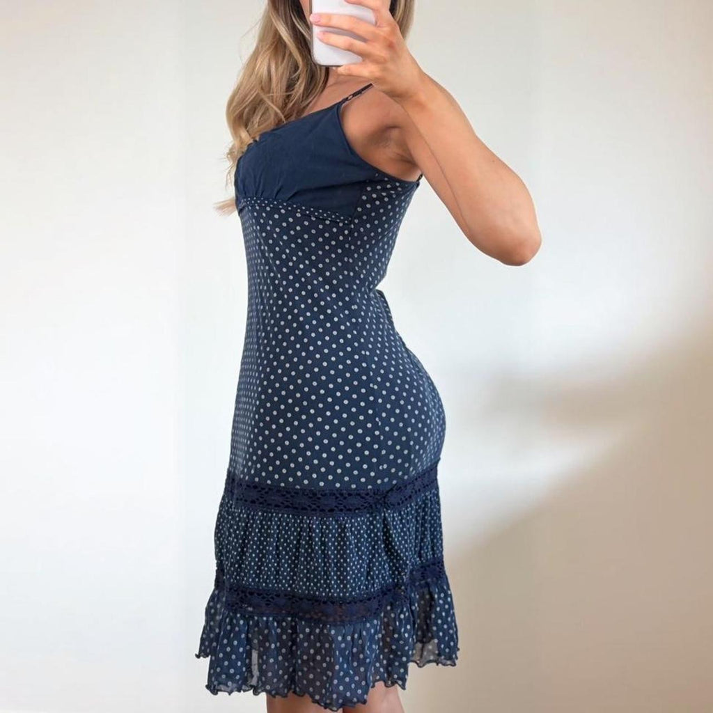 Navy blue mesh polka dot midi dress