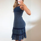 Navy blue mesh polka dot midi dress
