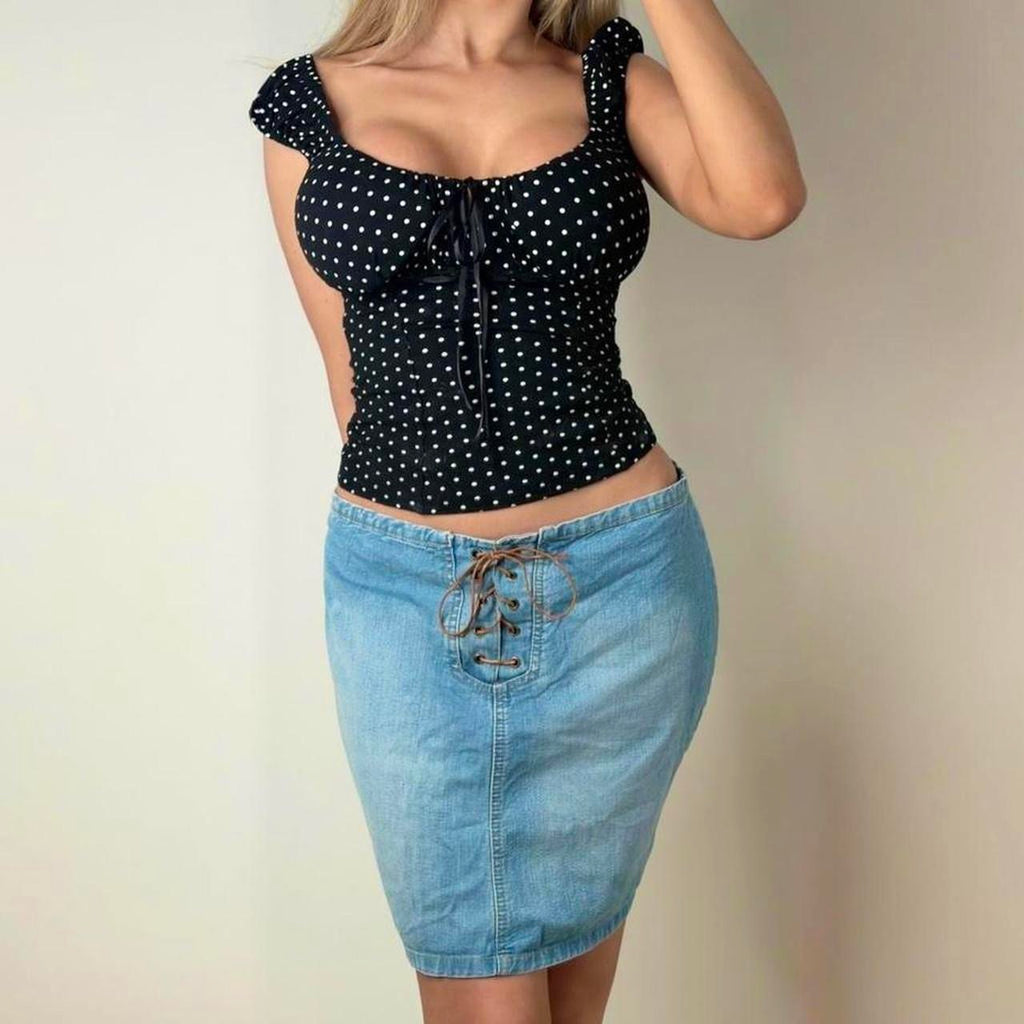VINTAGE Blue denim mini skirt with lace up front