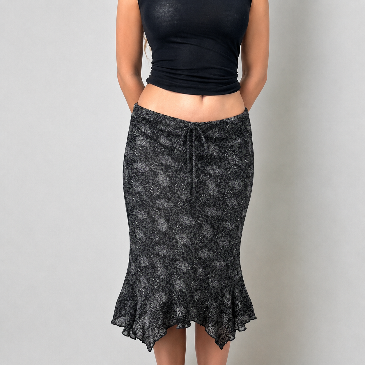 vintage grey floral low rise maxi skirt