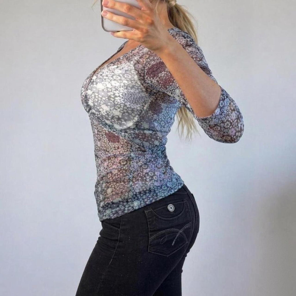 VINTAGE purple floral 3/4 length sleeve top