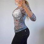 VINTAGE purple floral 3/4 length sleeve top