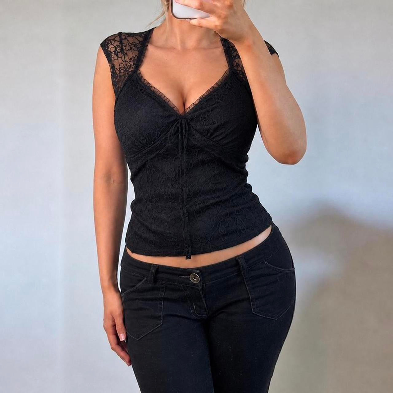 VINTAGE black lace short sleeve blouse top