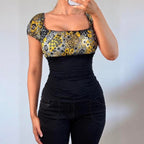 VINTAGE Yellow floral milkmaid blouse top