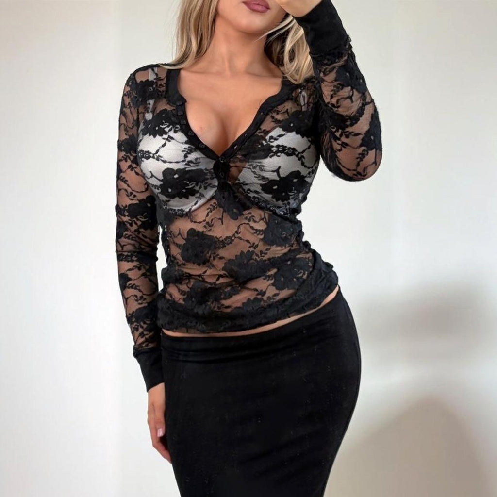 VINTAGE black lace long sleeve Henley blouse top