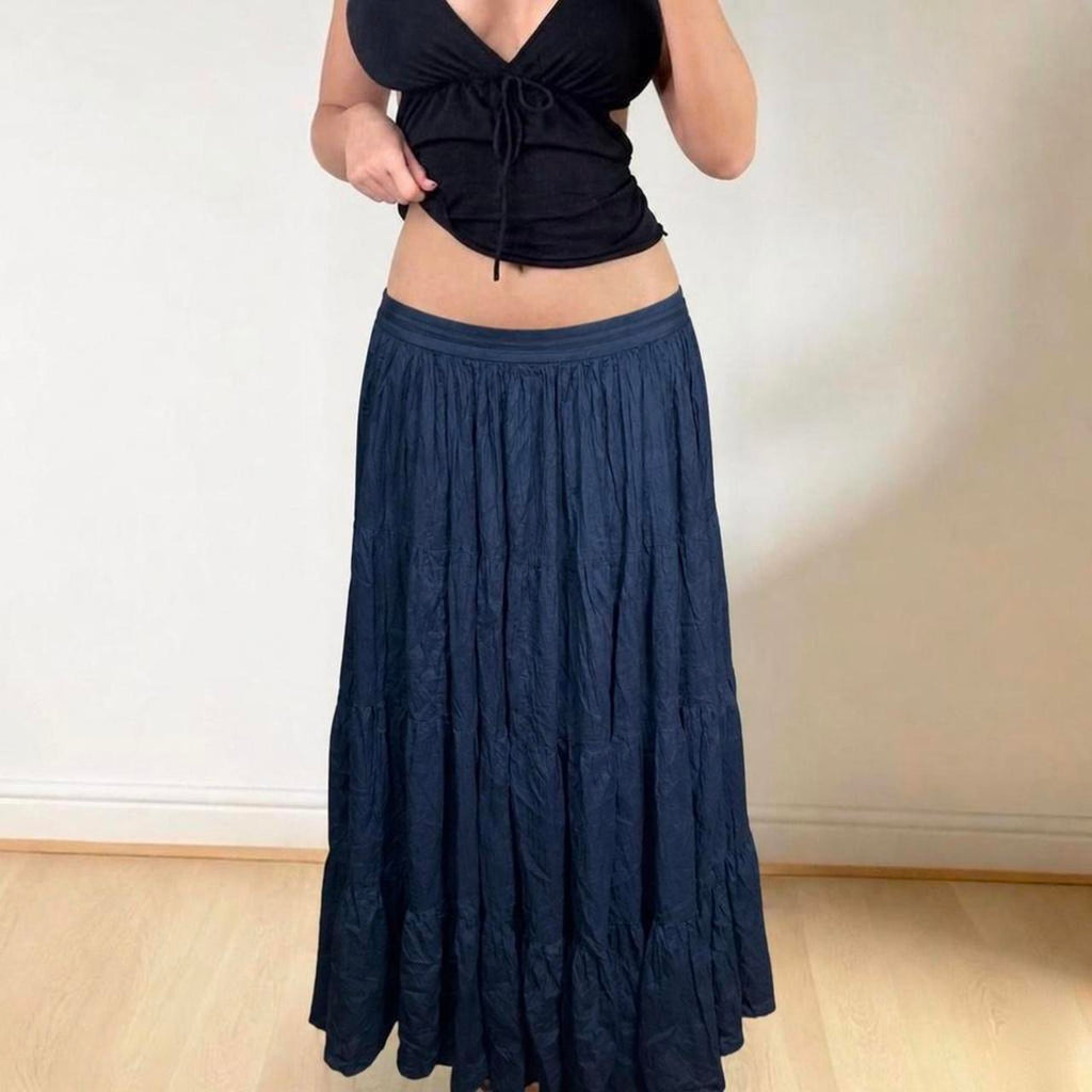 VINTAGE navy blue lowrise ruffle maxi skirt