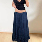 VINTAGE navy blue lowrise ruffle maxi skirt