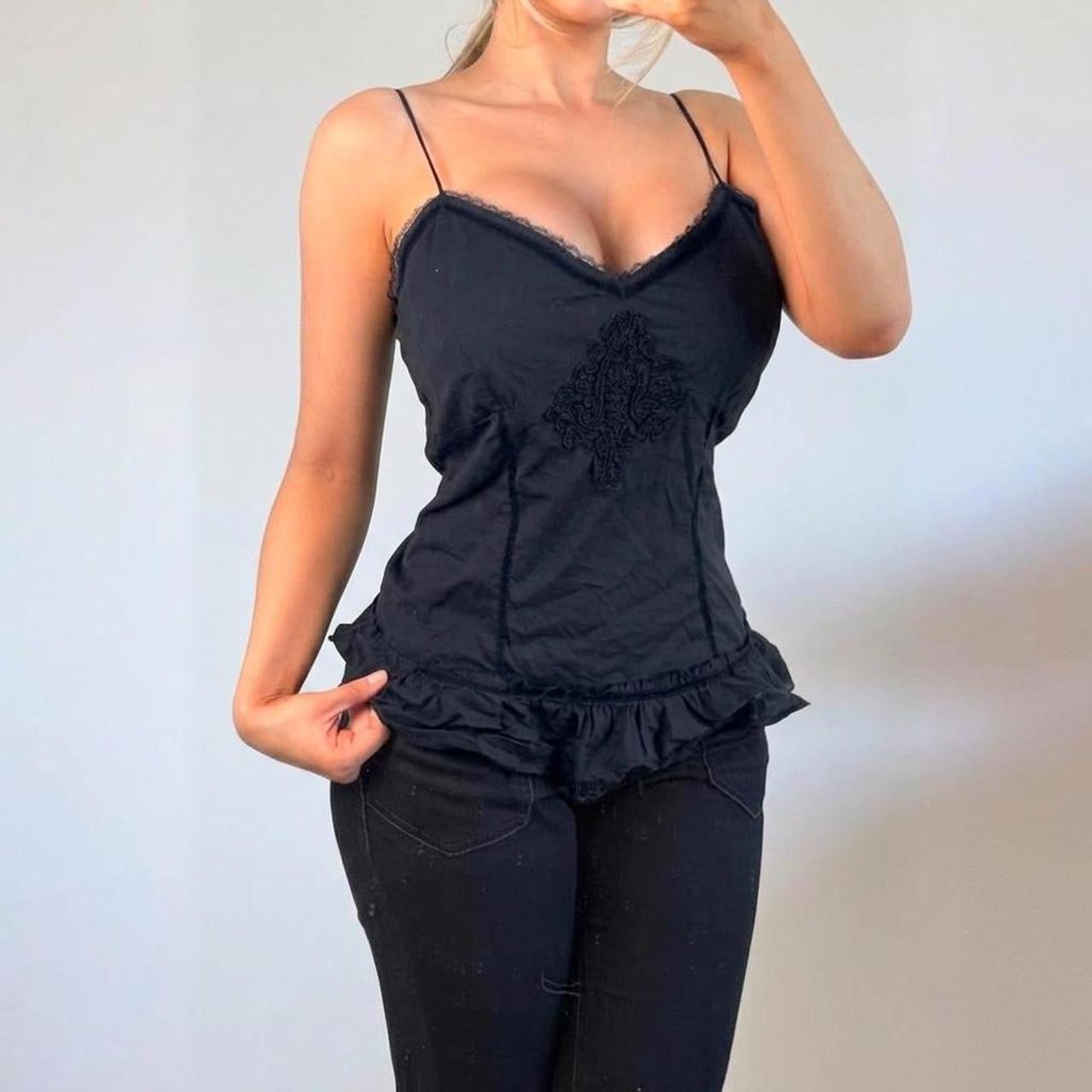VINTAGE black ruffle cami vest top with crotchet embroidery
