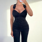 VINTAGE black ruched crotchet cami halter neck top