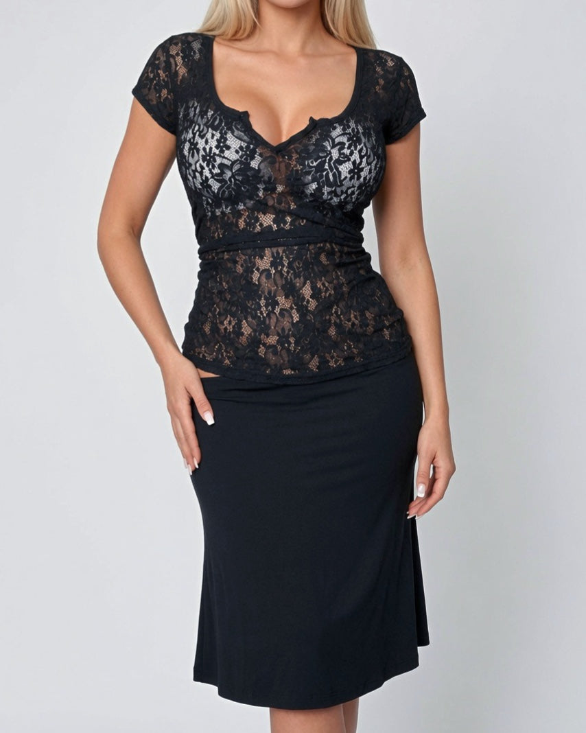 Vintage black lace Henley top